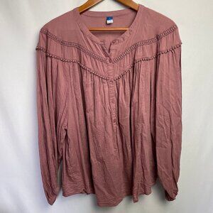 Old Navy Womens Gypsy Boho Button Up Blouse Size 2XL Mauve Peasant Cottagecore
